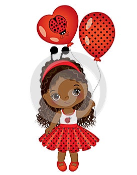 Cute Black Girl Wearing Ladybug Antenna Headband. Vector Ladybug Girl 