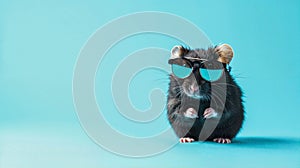 Cute Black Hamster Wearing Sunglasses Against A Cyan Background With Copy Space