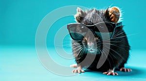 Cute Black Hamster Wearing Sunglasses Against A Cyan Background With Copy Space
