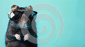 Cute Black Hamster Wearing Sunglasses Against A Cyan Background With Copy Space