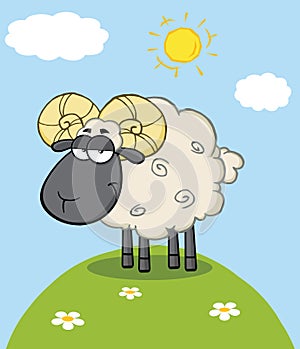 Cute Black Head Ram Sheep Cartoon Character On A Hill
