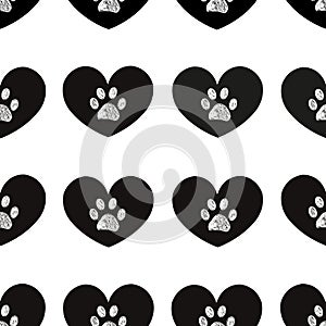 Cute black hearts and doodle white paws. Fabric design seamless pattern