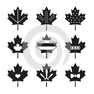 Cute black isolated maple leaf icons set with different patterns design elements template on white