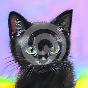 Cute black kitten, picture in the style of drawing with crayon, portrait of a pet ai Generated, generative AI, CGI graphics