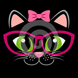 Cute black kitten with pink bow and glasses. Girlish print with kitty for t-shirt