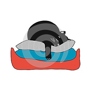 Cute black kitten sleeping on pillows. vector illustration in cartoon style.