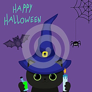 Cute black kitten in a witch hat with potion and candle in hands