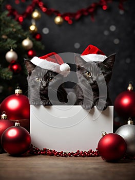 Cute black kittens wearing Santa Claus red hat near the Christmas tree. Generative AI