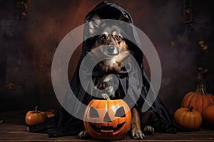 Cute black little dog in a cloak sitting next to a pumpkin, Halloween, thanksgiving concept