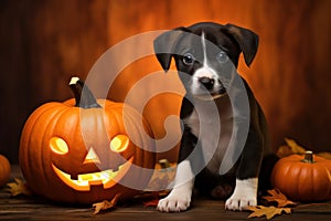 Cute black little dog sitting next to a pumpkin on wooden background, Halloween, thanksgiving concept