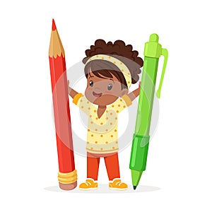 Cute black little girl holding giant red pencil and green pen cartoon vector Illustration