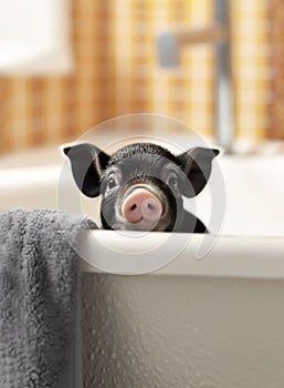 Cute Black Mini Pig, Piglet Taking a Bath With Foam, Looking Out of Bath tab. Taking Care