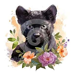 Cute black panther with flowers. Watercolor cartoon illustration