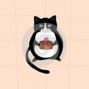 Cute black plump cat with chocolate cake on a pastel background. Birthday card.