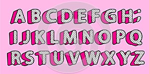 Cute black polka dots 3D english alphabet letters set. Vector LOL girly doll surprise style.