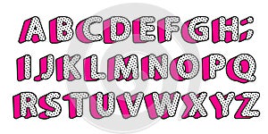 Cute black polka dots 3D english alphabet letters set. Vector LOL girly doll surprise style.