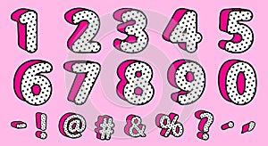 Cute black polka dots 3D set of numbers and signs. Vector LOL girly doll surprise style.