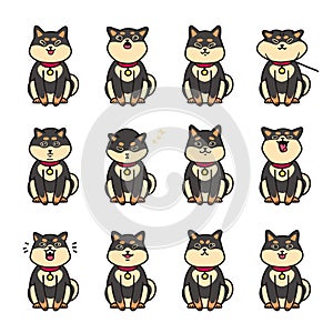 Cute black shiba inu emotions. Stickers vector set.