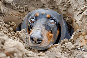 Cute Black and Tan Dachshund Peeking Out from a Sandy Hole Looking with Curious Eyes