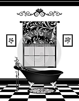 Cute Black and White Bathroom With Vintage Claw-foot Bathtub and