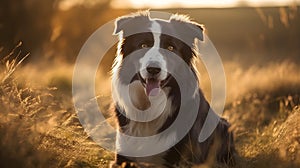 Cute black and white border Collie dog sit and looking at the camera in the meadow nature background