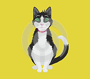 Cute black and white cartoon cat, Vector illustration.