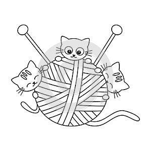 Cute black and white cartoon cats playing with wool ball funny vector illustration for coloring art