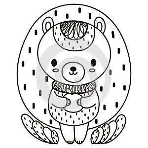 Cute black and white cartoon hedgehog in a sweater holding an apple. Vector.