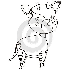 Cute black and white cartoon okapi smiling character.