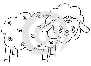 Cute black and white cartoon toddler doodle of standing lamb. Scandinavian style.
