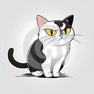 Grumpy Black And White Cat Cartoon Sitting With Curved Tail