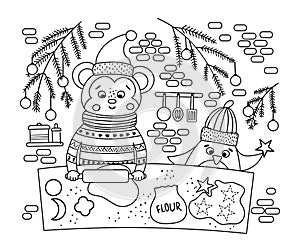Cute black and white Christmas preparation scene with monkey and penguin baking cookies. Winter line illustration with animals.