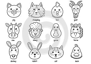Cute black and white farm animal faces collection. Funny set and coloring page