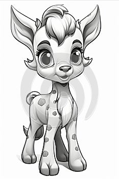 Cute black and white giraffe cartoon illustration for coloring book and drawing activities