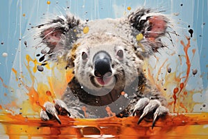 Cute black and white Koala among splashing colors