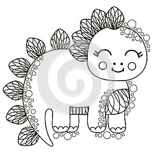 Cute black and white little dinosaur Stegosaurus stands and smiles. Children`s outline cartoon illustration. For coloring book or