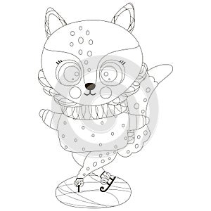 A cute black and white little fluffy fox is skating on ice. Outdoor recreation. Christmas outline isolated children illustration.