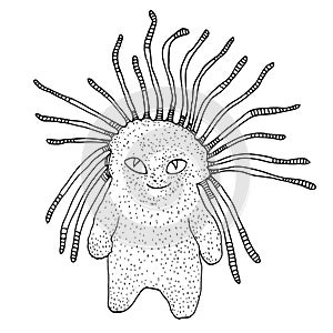 Cute black and white monster with yellow eyes and dreadlock.