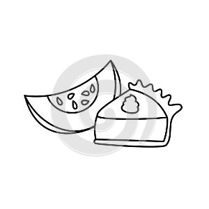 Cute black and white pumpkin pie with pumpkin slice vector illustration for coloring art
