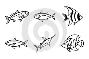 Cute Black and White Sea Creature Line Art Illustrations Set