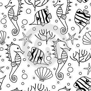 Cute black and white seamless vector pattern background illustration with fishes, corals, starfishes, seahorses and seashell