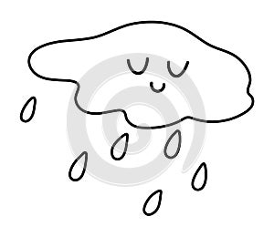 Cute black and white smiling cloud with rain drops. Vector outline autumn weather character isolated on white background. Fall