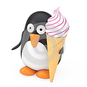 Cute Black and White Toy Cartoon Penguin with Soft Serve Ice Cream in Waffle Crispy Ice Cream Cone. 3d Rendering