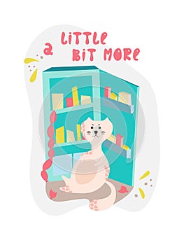 Cute bloated cat near the fridge in cartoon flat style. Hand drawn illustration with quote