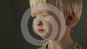 Cute blond baby is eating raw carrots to reinforce his vision. Delicious vegetarian food