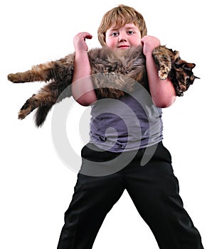 Cute blond boy with a cat over white