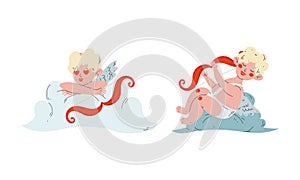 Cute Blond Cupid Boy with Bow on Soft Cloud Vector Set