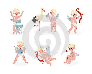 Cute Blond Cupid Boy with Bow, Stork, Arrow and Cake Vector Set