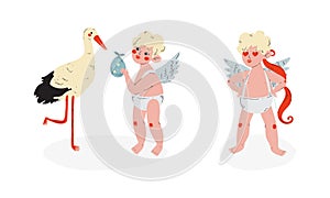 Cute Blond Cupid Boy with Bow and Stork Vector Set