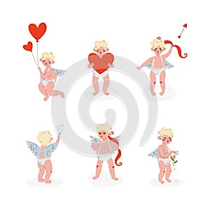 Cute Blond Cupid Boy Holding Balloons and Shooting Arrow with Bow Vector Set